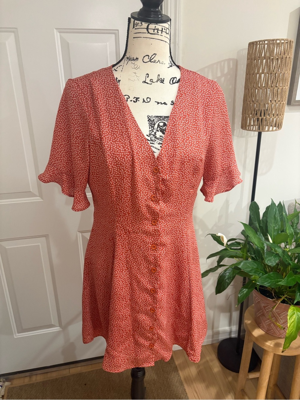 Lulu's Coral Red Ditsy Floral Button-Front Mini Dress